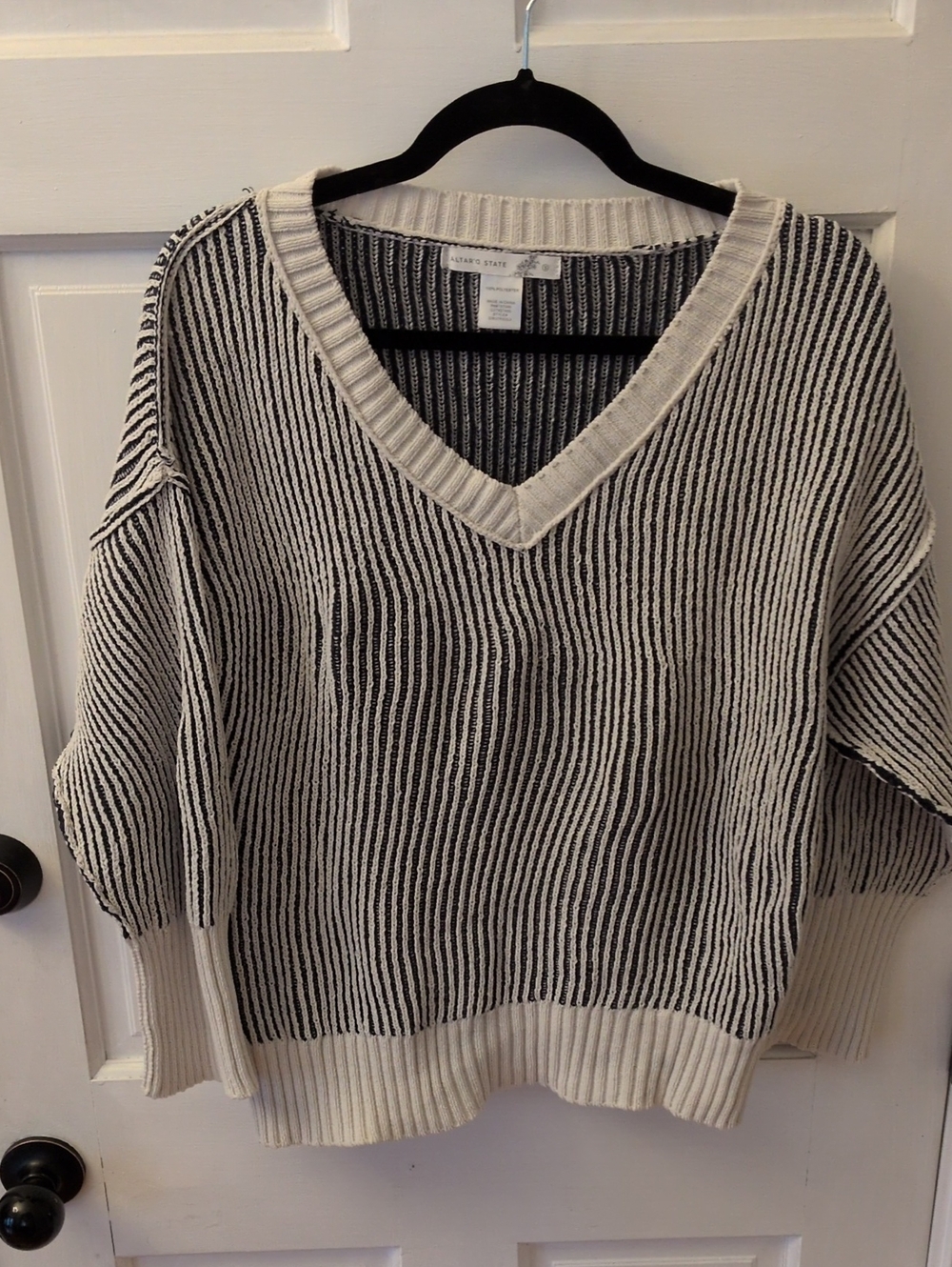 Altar'd State Black and Cream Striped V‑Neck Sweater